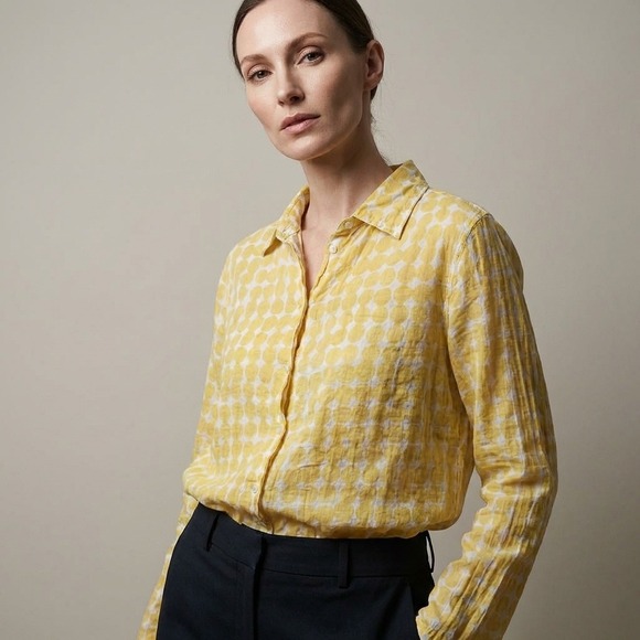 Auntie Oti Tops - Auntie Oti Yellow White Polka Dot 100% Cotton Khadi Button Up Shirt Womens Large